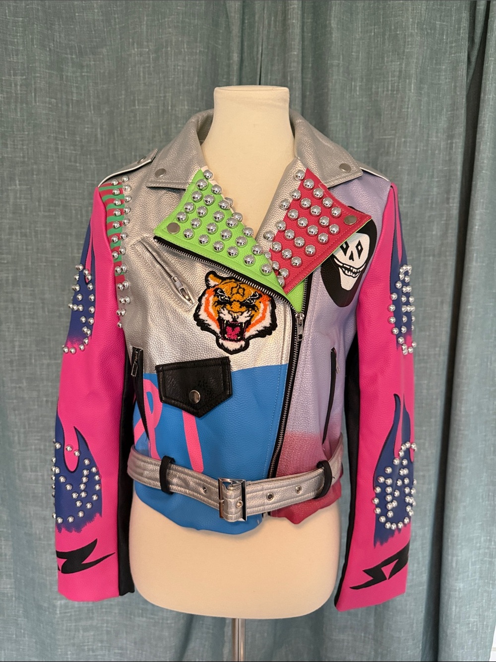 VALIANT Colorblock Studded Moto Jacket in Pink, Silver, Blue & Green